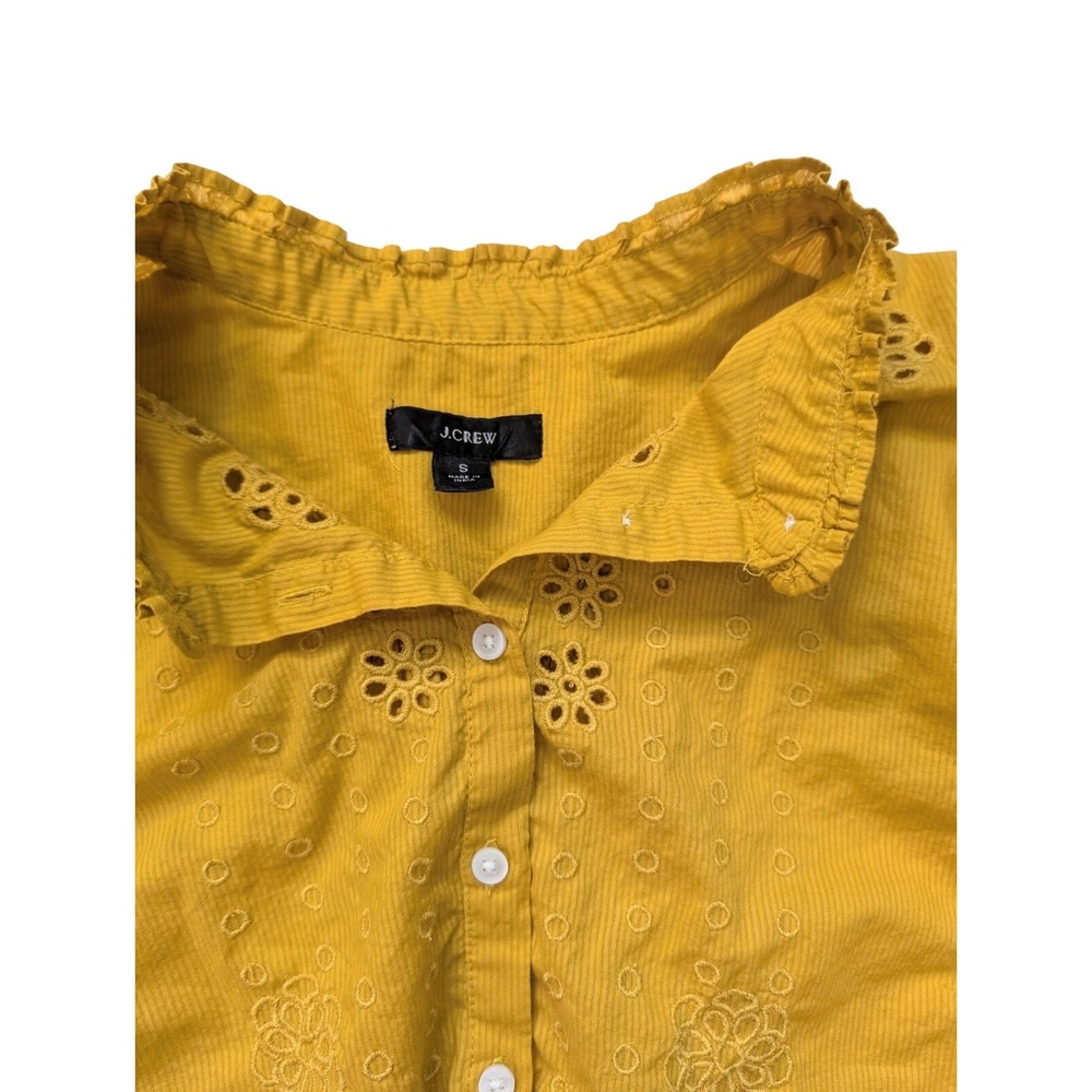 J. Crew Mustard Embroidered Button Ruffled Sleeve Blouse Women's Size Small - Picture 3 of 7